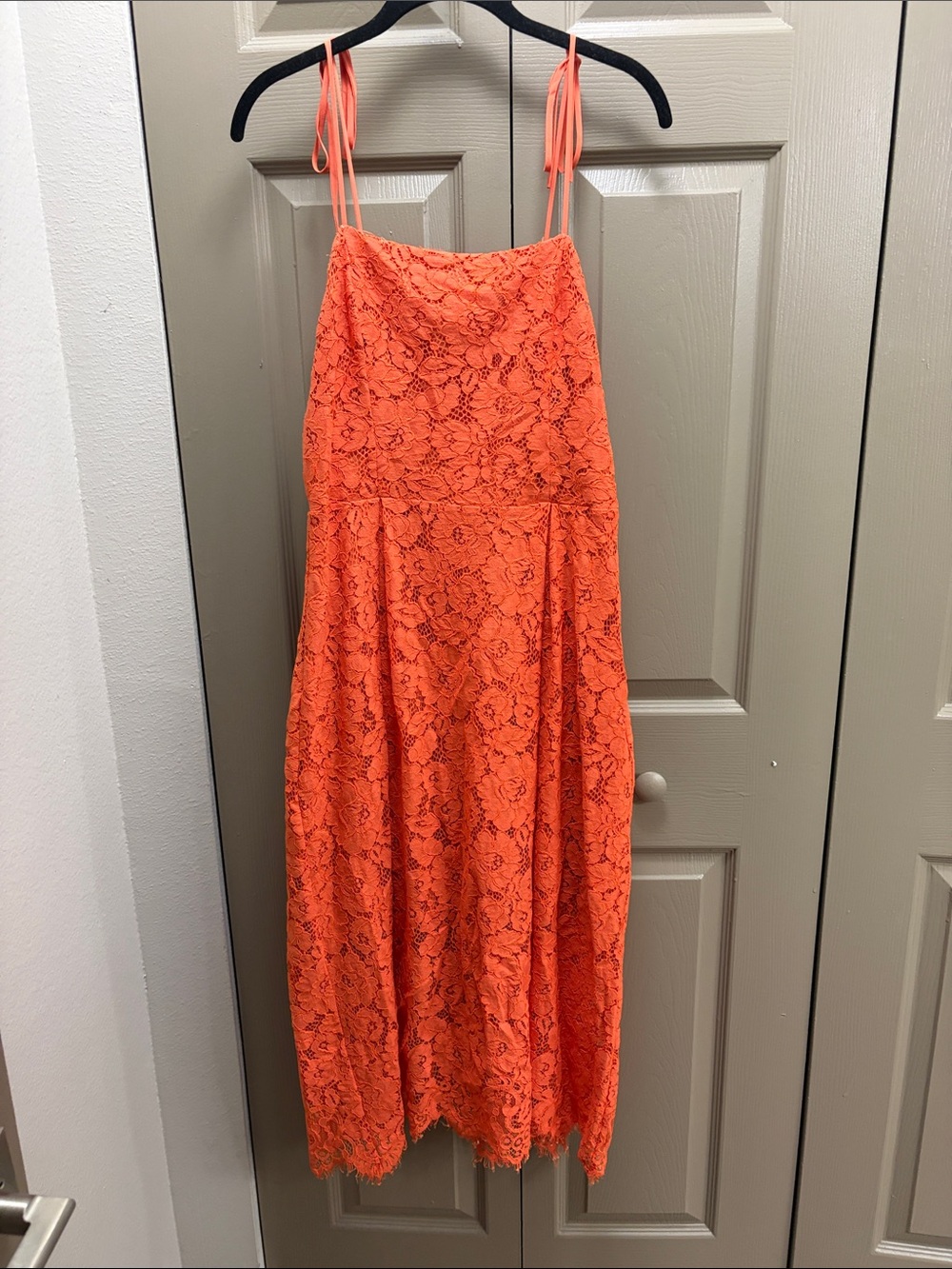 Charles Henry Orange Lace Midi Dress with Tie Straps
